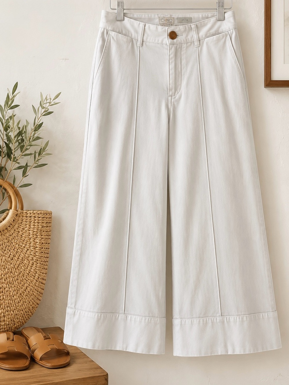 Anthropologie Chino Ivory Wide Leg Cropped Pants Size 4 Cotton Stretch High Rise